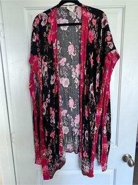 Knox Rose Black & Pink Floral Open-Front Kimono